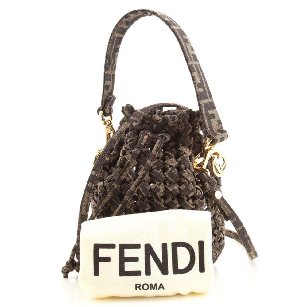 Fendi Mon Tresor Bucket Bag Jacquard Interlace Fabric Mini Brown - Picture 2 of 7